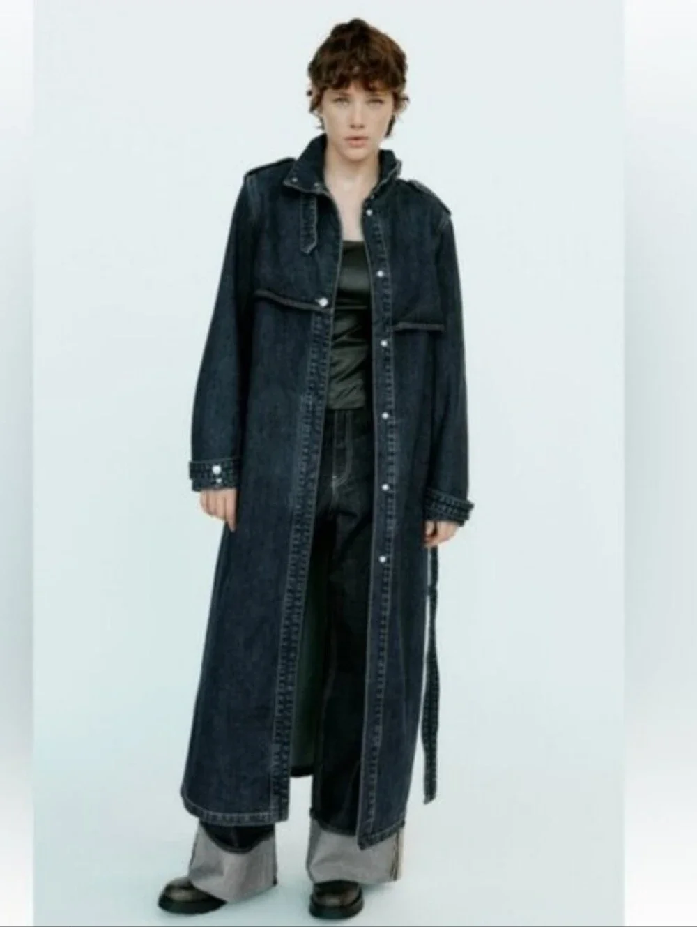 ZARA DENIM TRENCH COAT BELTED NAVY BLUE SIZE M